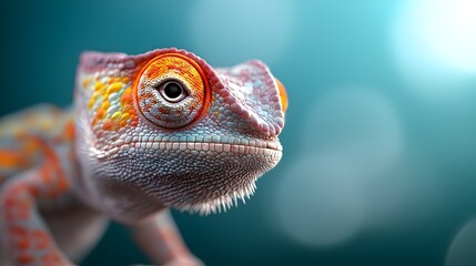 Closeup of a captivating chameleon showcasing its remarkable color changing abilities under soft teal toned studio lighting highlighting the reptile s natural adaptability and technological