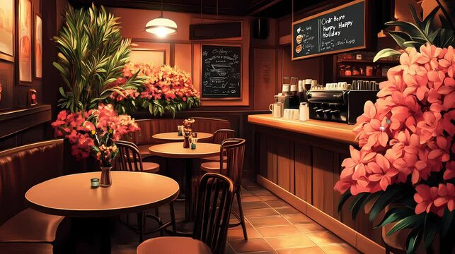 An inviting caf&eacute; with flowers, round tables, and an "Order Here" sign in anime style. Warm lights and holiday decorations add charm, making it a serene 4k background for winter scenes.