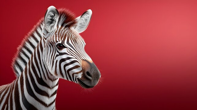 Captivating full body studio portrait of a zebra showcasing its iconic black and white striped pattern against a stark contrasting red background  This modern
