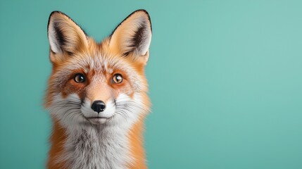 Obraz premium Captivating Studio Photo of a Curious Red Fox Showcasing its Sharp Features Against a Lush Forest Green Background Featuring a Cybernetic Tone and Vibrant Split Complementary Color Scheme