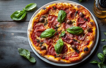 Delicious homemade pizza topped with basil, olives, and prosciutto on a wooden table