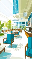 Fototapeta premium A modern cafe with large windows, tables and chairs, and a coffee bar in the background.