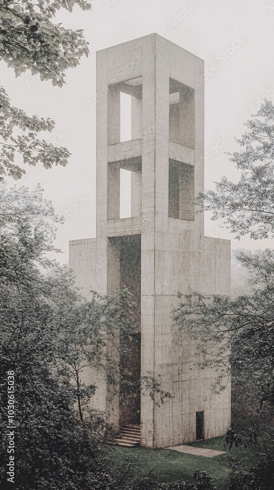 Poster a modern concrete tower structure with three large rectangular openings, surrounded by trees on a fo
