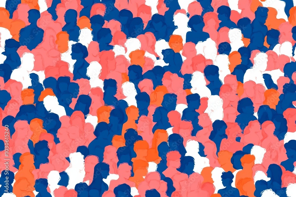 Poster overlapping abstract silhouettes of human figures in orange blue and pink creating a sense of crowd 
