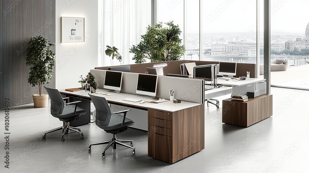 Poster modern office workspace with large windows and minimalist design in a high-rise building overlooking