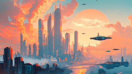 A futuristic cityscape with towering skyscrapers and flying vehicles, but with design aesthetics inspired by the 1950s and 1960s