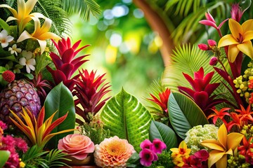 Obraz premium Horizontal arrangement of tropical flowers and plants in forced perspective
