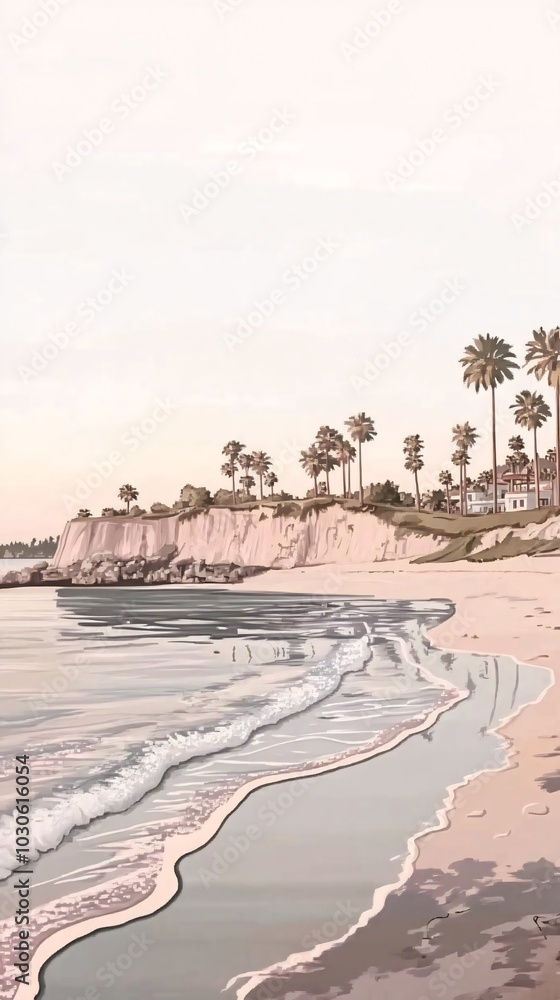 Poster a picturesque view of a sandy beach with calm waves and palm trees lining the coastline, creating a 