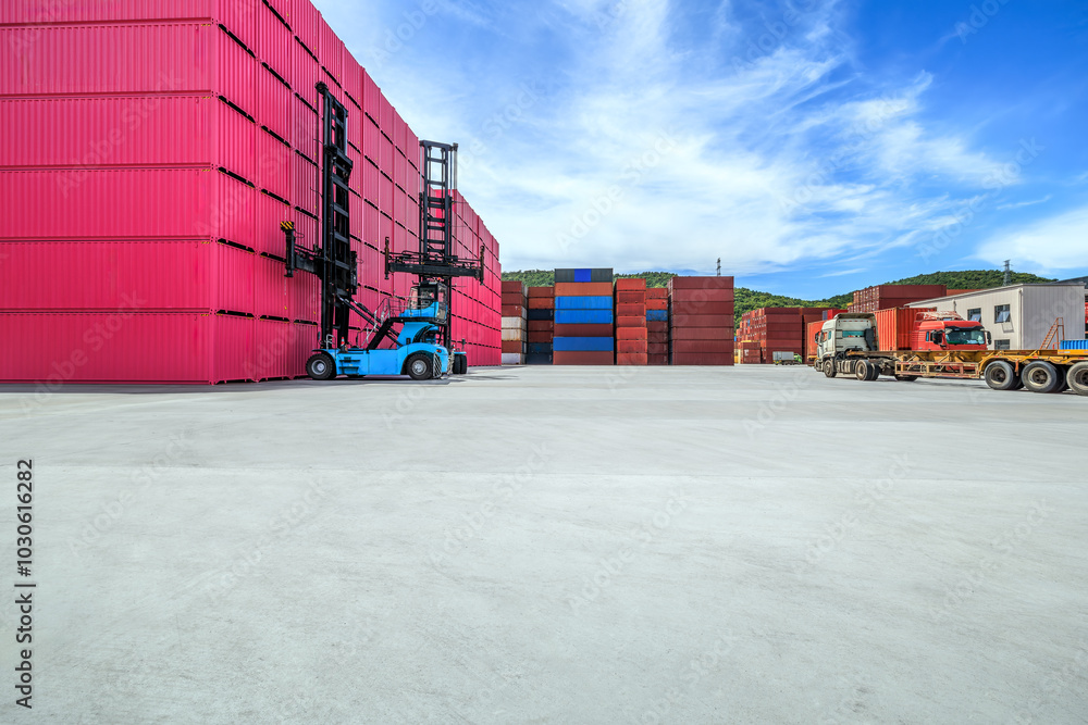 Aufkleber stacked containers and empty asphalt road at the port