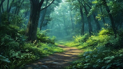 Obraz premium A serene forest path surrounded by lush ferns and towering trees in a tranquil woodland area during daylight