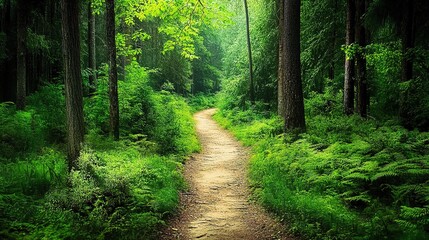 Obraz premium A serene forest path surrounded by lush ferns and towering trees in a tranquil woodland area during daylight