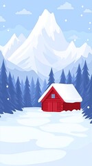 Fototapeta premium A red cabin sits nestled in a snowy forest with a majestic mountain peak in the background.