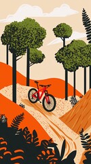 A red mountain bike sits on a dirt path leading uphill through a forest.