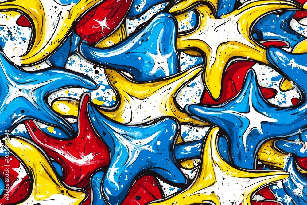 Poster abstract glossy star shaped forms in vivid red blue and yellow with dynamic curves and smooth liquid