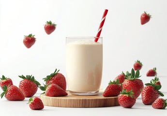 Delicious creamy milkshake topped with fresh strawberries and a straw on a wooden platform