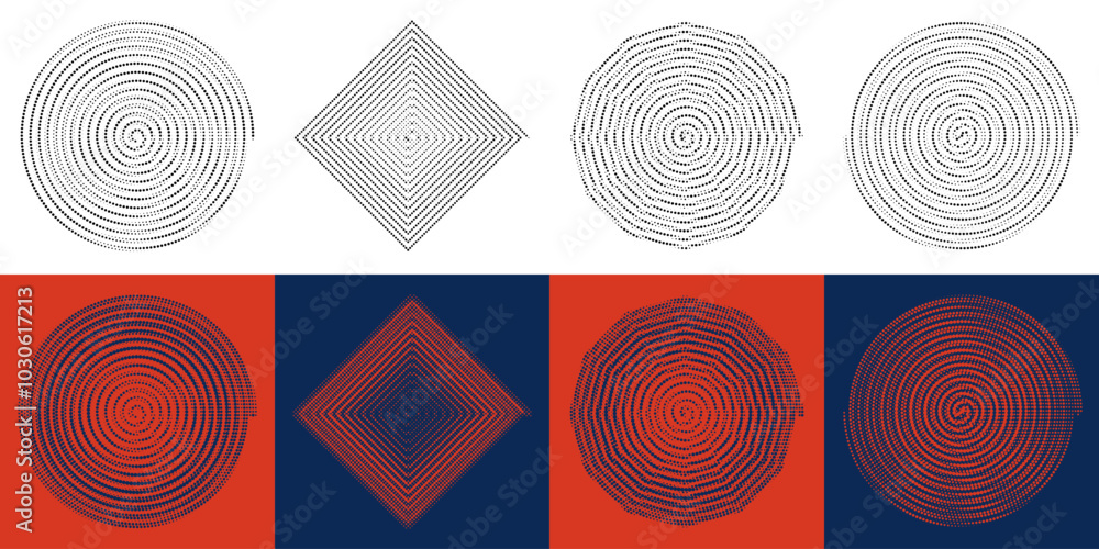 Poster abstract halftone-dotted hypnotic circles and shapes are isolated on a background. the pointillism d