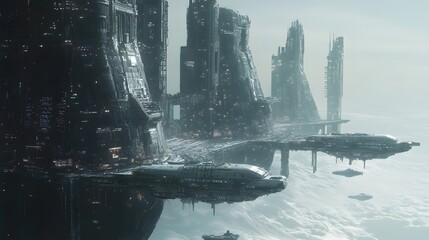 Fototapeta premium A futuristic city built into massive asteroids, with retro-futuristic spaceships docking at floating stations in the void of space