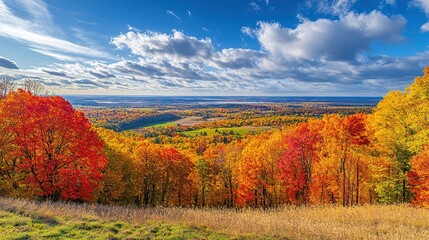 Fototapeta premium Vibrant fall foliage overlooking a lush valley under a cloudy sky in autumn during the afternoon