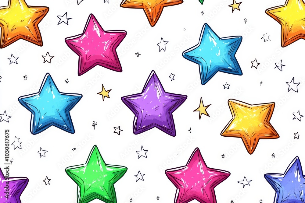 Poster vibrant metallic star shapes in rainbow colors scattered randomly on a white background creating a p