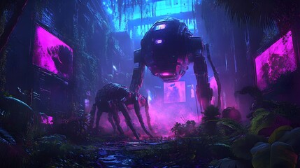 An alien jungle with massive, retro-style robots tending to the flora, surrounded by futuristic holograms and neon lighting