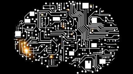 Obraz premium Abstract Circuit Board Design in Brain Shape with Glowing Lines and Points on Black Background