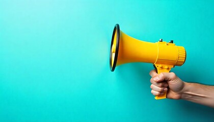hand holding yellow megaphone for advertising promotion, isolated on textured background with copy space, banner for advertising or marketing concept, announcement concept created with generative ai