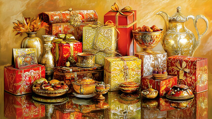 A vibrant display of ornate gifts and decorative items in rich colors and intricate designs.