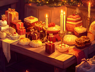 A festive table adorned with treats, gifts, and candles, creating a warm holiday atmosphere.