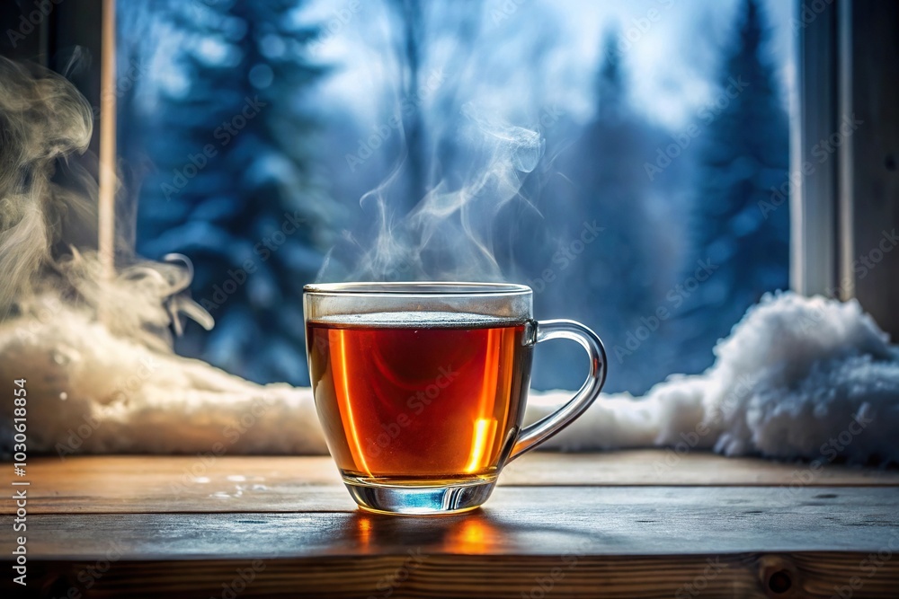 Wall mural hot tea in a clear mug with steam rising against snowy window background