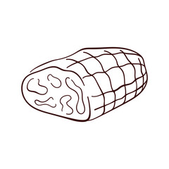 Sliced meat roll of ham in a net in line art style. Ideal design for butcher shop, restaurant menu, food packaging, and culinary theme.