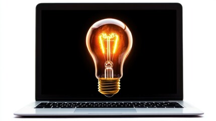 An incandescent lamp and a laptop on a white background represent ideas and creative works that can be created using technology to help human work