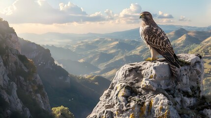 Majestic hawk perched on a rocky outcrop overlooking a vast valley.