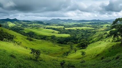 Fototapeta premium Lush green hills under a blue sky with fluffy clouds showcasing a tranquil landscape in the countryside during late afternoon light