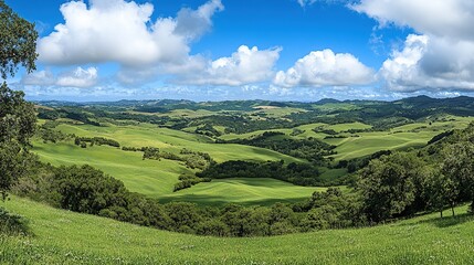 Fototapeta premium Lush green hills under a blue sky with fluffy clouds showcasing a tranquil landscape in the countryside during late afternoon light