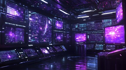 Fototapeta premium A futuristic museum showcasing retro-futuristic technology and spacecraft, surrounded by glowing screens and interactive holograms