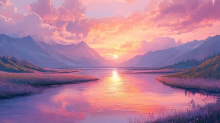 Fototapeta premium A calm river flowing through a pastel landscape, symbolizing steady progress. Serene Pastel Landscape with Flowing River at Sunset