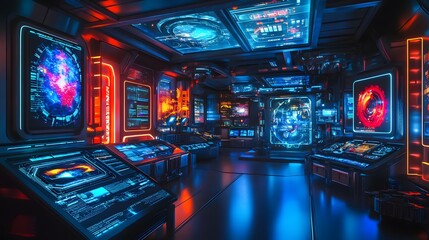 A futuristic museum showcasing retro-futuristic technology and spacecraft, surrounded by glowing screens and interactive holograms