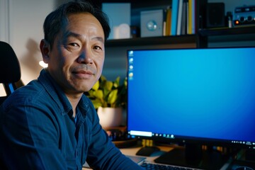Application mockup asian man in his 50s in front of a computer with a fully blue screen
