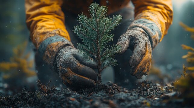 Close-up of a man's hands carefully planting a young spruce tree with new protective gloves. Detailed shot emphasizing the intricate, elegant process of reforestation and nature conservation.