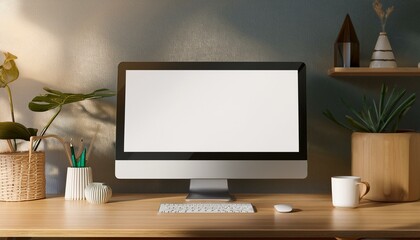Sleek desktop monitor mockup on a wooden table with decorative elements. Home office concept. 3D Rendering
