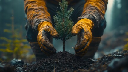 Close-up of a man's hands carefully planting a young spruce tree with new protective gloves. Detailed shot emphasizing the intricate, elegant process of reforestation and nature conservation.