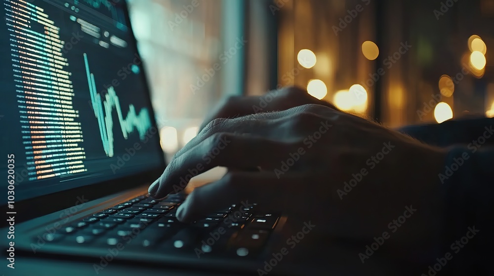 Aufkleber a person works late at night on a laptop analyzing data with colorful graphs and charts illuminated 