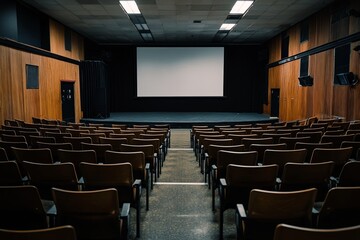 Fototapeta premium Empty theater with wooden seating and a blank screen ready for a movie at dusk, creating a quiet atmosphere. Generative AI