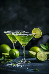 Refreshing green cocktails with lime and salt on a dark surface garnished with fresh limes