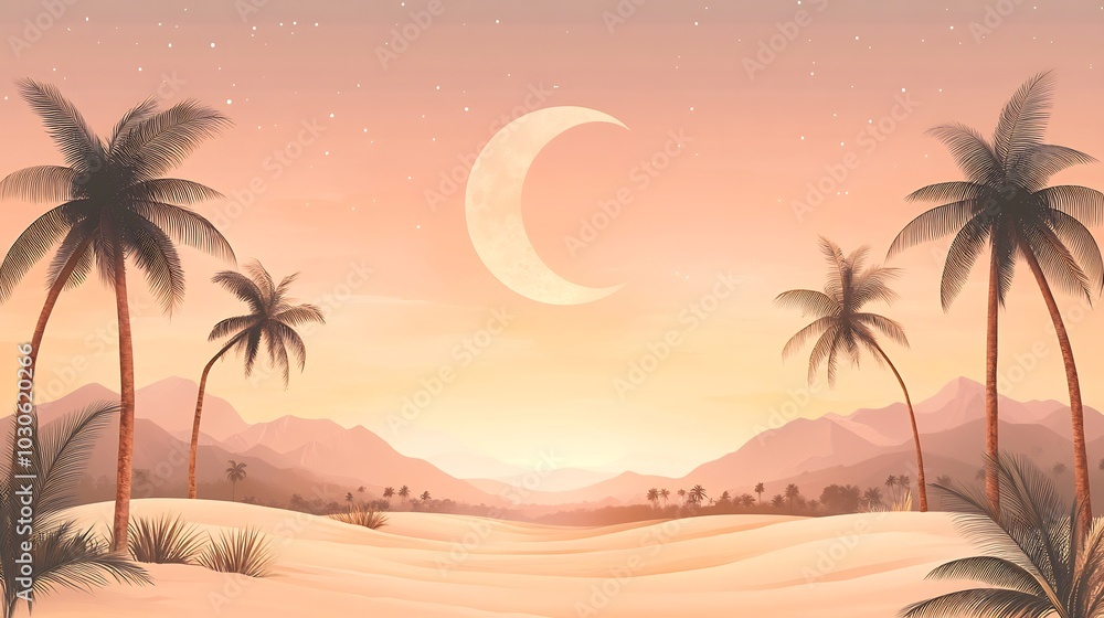 Poster minimalist eid festival ramadan banner featuring a serene landscape with a crescent moon and palm tr