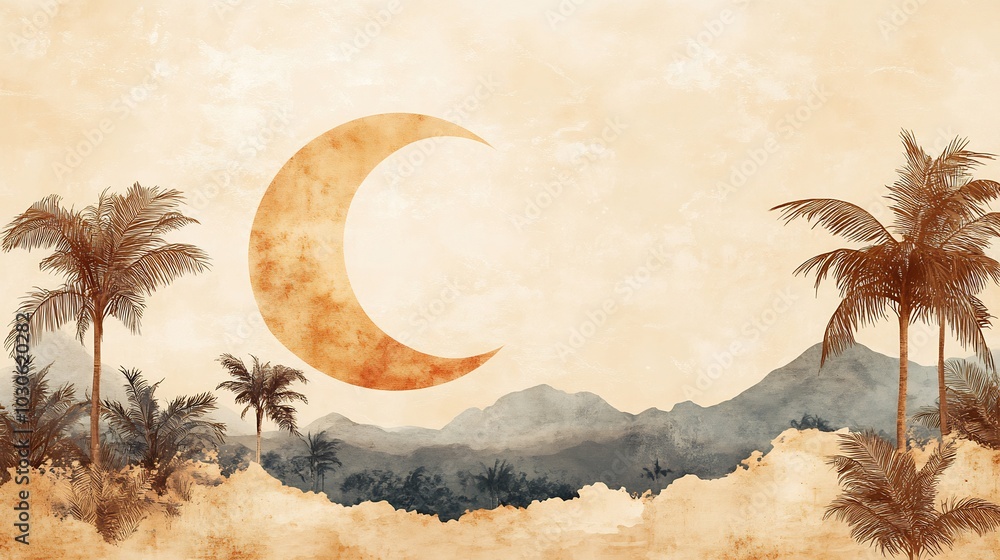Poster minimalist eid festival ramadan banner featuring a serene landscape with a crescent moon and palm tr