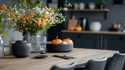 Rustic Fall Dining Room Decor with Warm Lighting Pumpkins and Earthy Tones Creating a Cozy and Welcoming Seasonal Ambiance