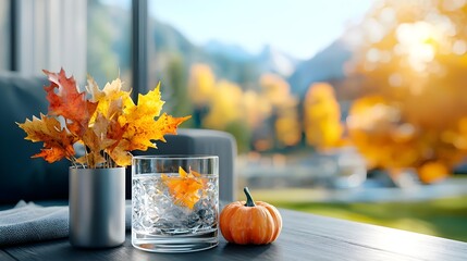 Cozy fall inspired living room featuring autumn themed throw pillows candles and pumpkins against a backdrop of warm tones and digital binary elements