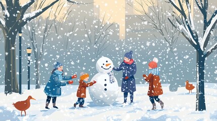 Children joyfully build a snowman together in a snowy forest during a winter afternoon