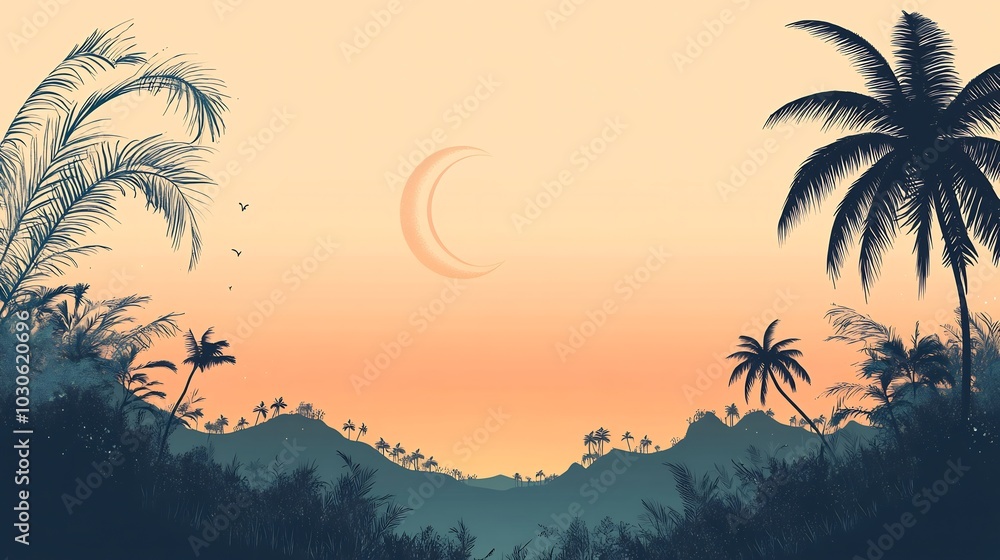 Poster minimalist eid festival ramadan banner featuring a serene landscape with a crescent moon and palm tr